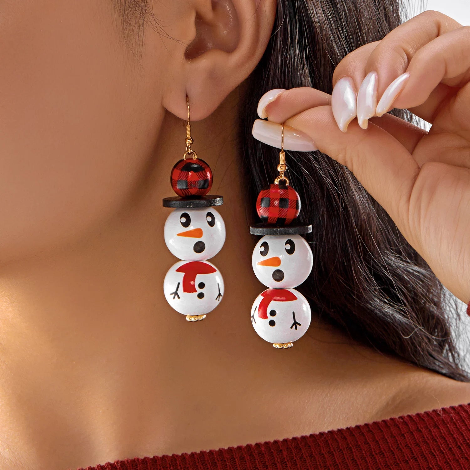 Cartoon Wooden Snowman Dangle Earrings For Women Wear A Hat Cute Santa Claus Wood Beads Earring Christmas Party New Year Gifts