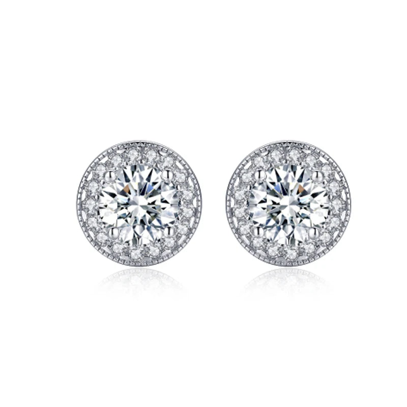 OXTAO Trendy 925 Sterling Silver Round Cut 7mm Main Stone Stud Earrings Engagement Wedding Female Jewelry Piercing Accessories