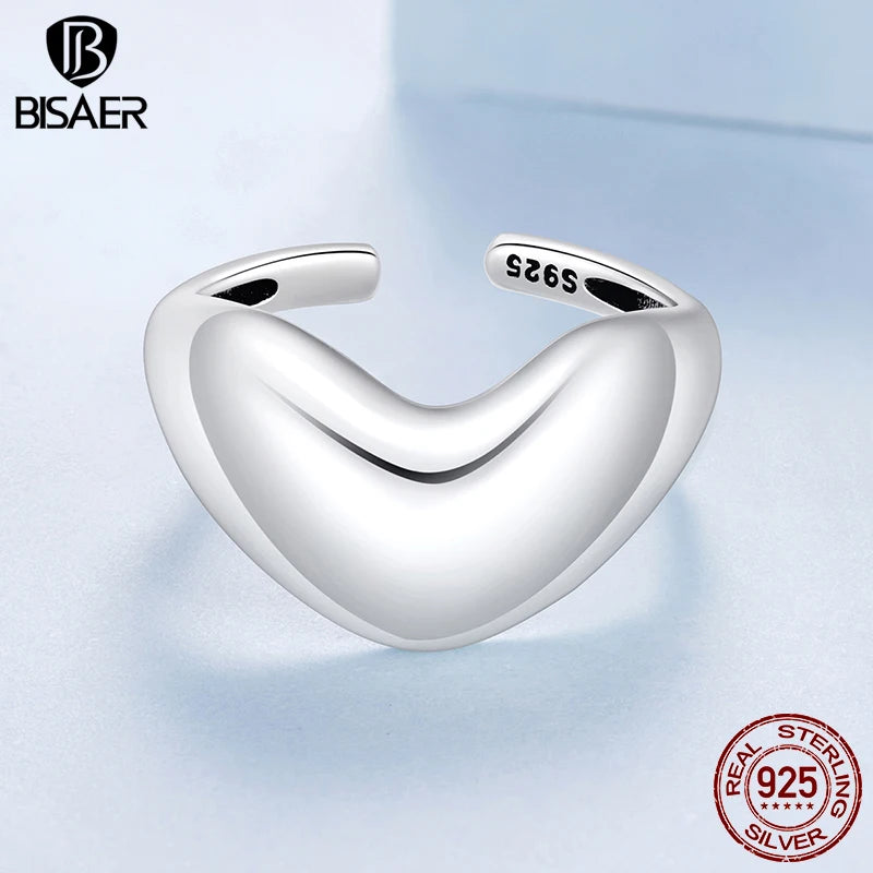 BISAER Solid 925 Sterling Silver Heart Open Ring Metal Statement Band Adjustable Size 5-9 for OL Women Party Fine Jewelry EFR679