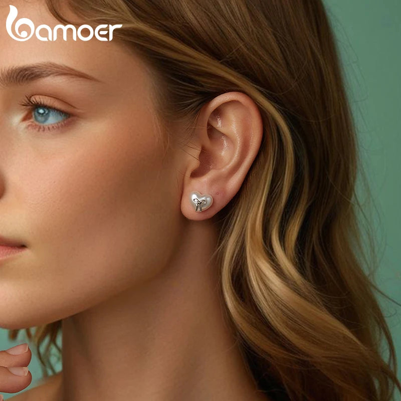 BAMOER 925 Sterling Silver Bow Heart Shaped Shell Pearl Stud Earrings, Minimalist Cute Studs for Women Fashion Jewelry SCE1810