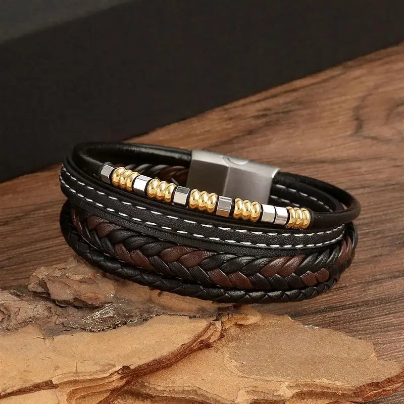 Jiayiqi New Design Punk Leather Bracelet Men Fashion Beaded Multi-Layer Leather Bracelet For Men New Year Jewelry Gift
