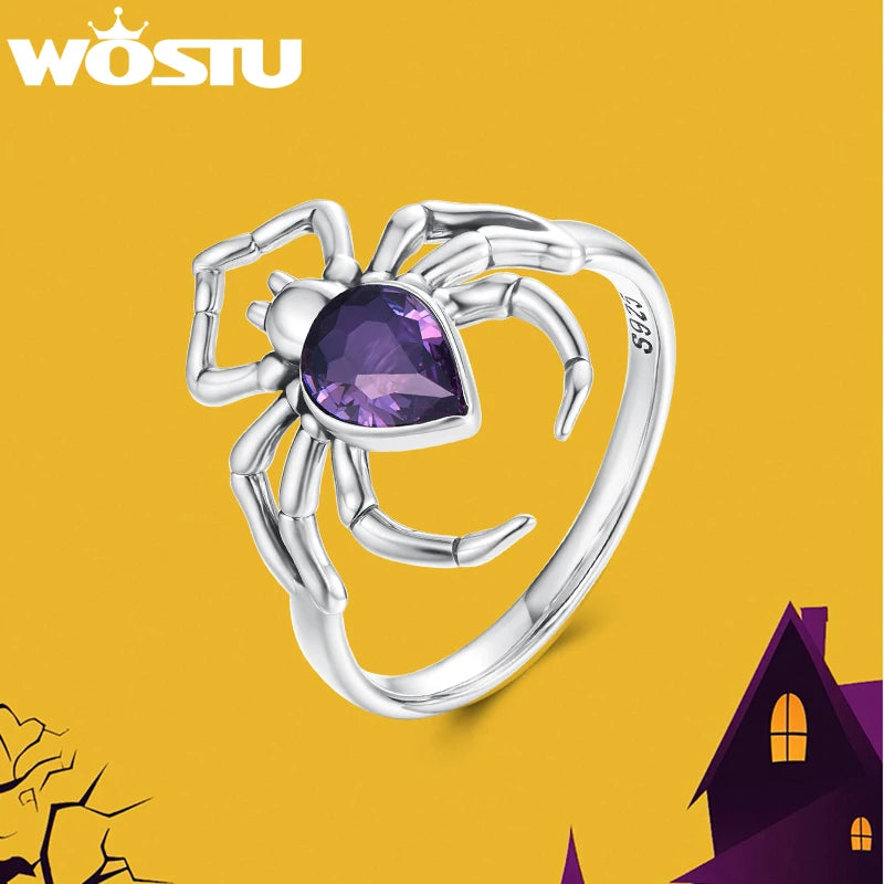 WOSTU Real 925 Sterling Silver Purple Spider Statement Ring For Women , Big CZ Vintage Punk Animal Rings Halloween Gift CQR1158