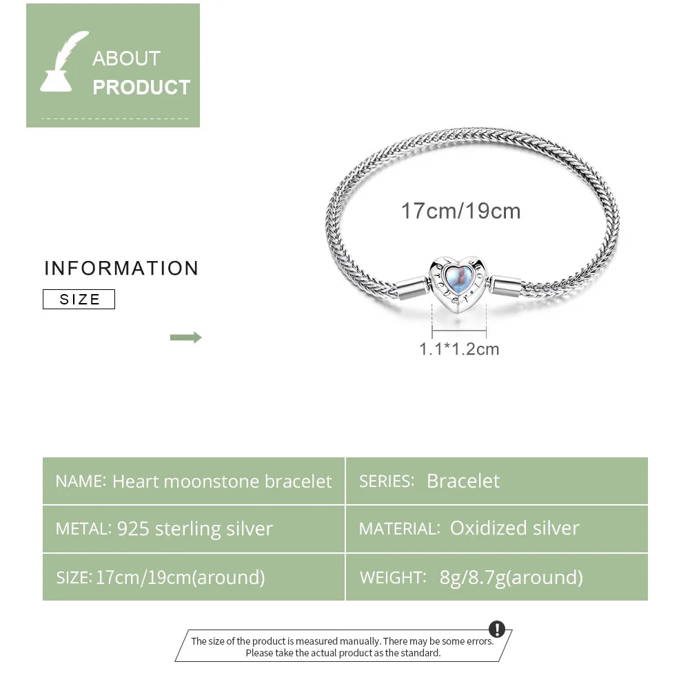 BAMOER Herzförmiges Charm- und Perlenarmband 925 Sterling Silber Schlangenkette Grundlegendes Armband für Frauen Mondsteinschmuck 17CM 19CM