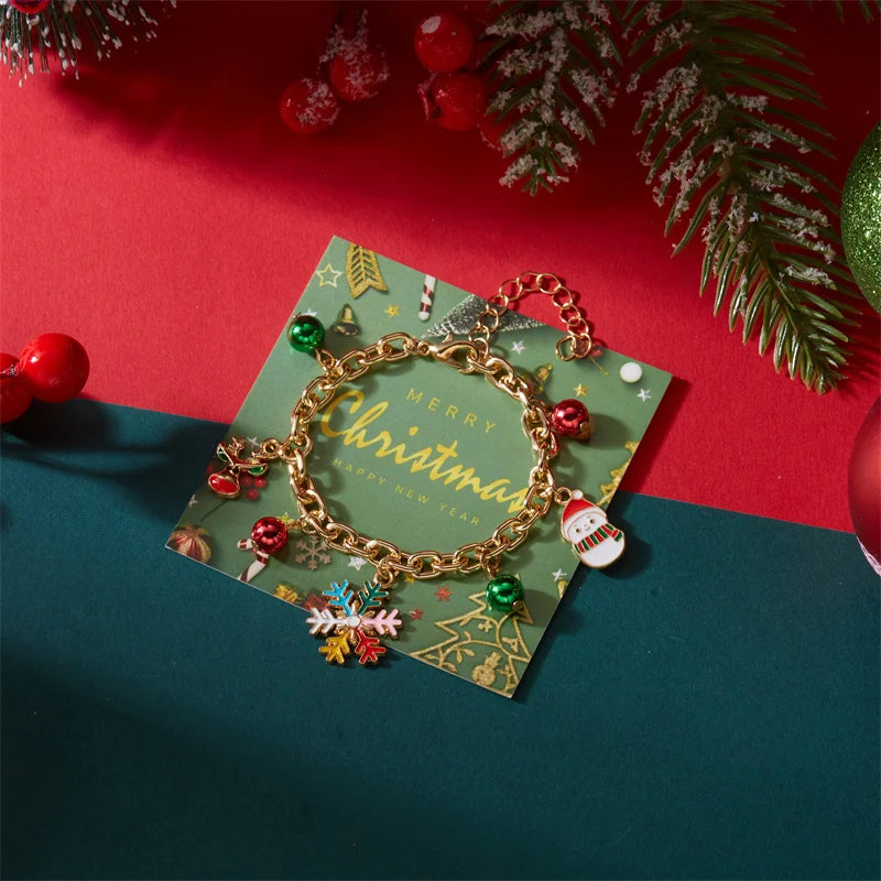 Bracelet pendentif Père Noël, sapin de Noël et bonhomme de neige pour femme, orné de perles et de clochettes, chaîne en métal, bijou de fête