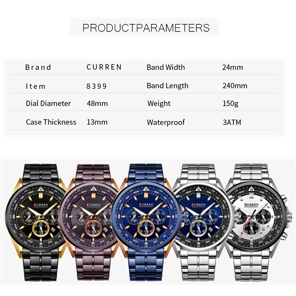 CURREN Luxury Brand Watches for Men Casual Sporty Quartz Wristwatch with 316 Stainless Steel Band Chronograph Clock Male Silver