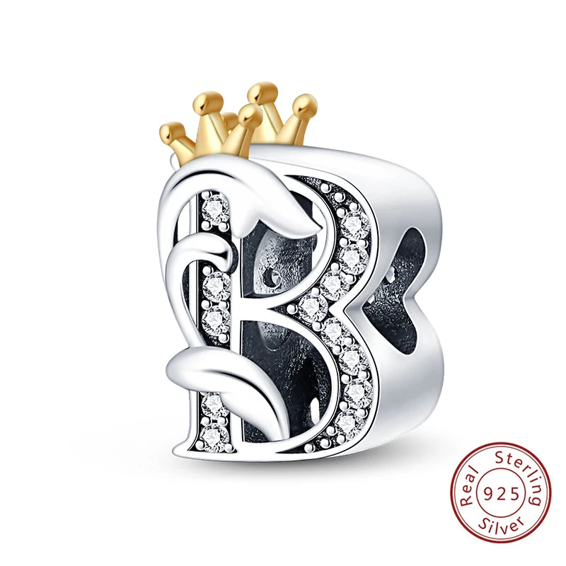 925 Sterling Silver 26 Alphabet A-Z Crown Letters Charms Bead Fit Original Bracelet Fine DIY Charm For Woman Anniversary Jewelry