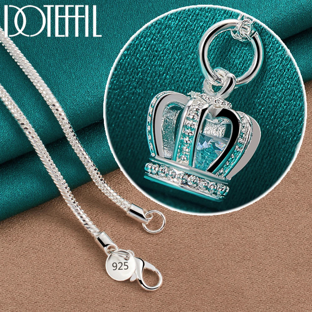 DOTEFFIL 925 Sterling Silver AAA Zircon Crown Pendant Necklace 18 Inch Chain For Woman Fashion Wedding Engagement Party Jewelry