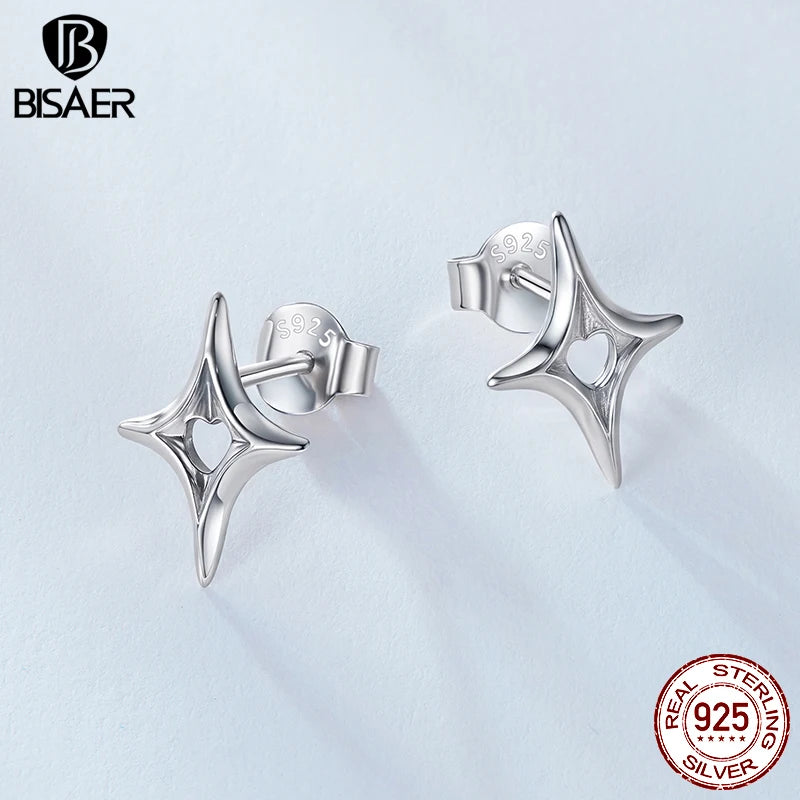 BISAER Solid 925 Sterling Silver Starry Stud Earrings Hollow Heart Stud Ear for Women & Girls Party Fine Jewelry EFE1192