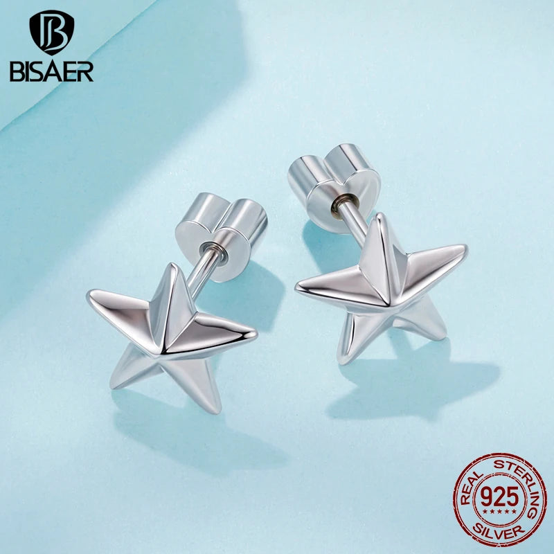 BISAER Real 925 Sterling Silver Star Stud Earrings Minimalist Stars Earrings Plated White Gold for Women Party Fine Jewelry Gift