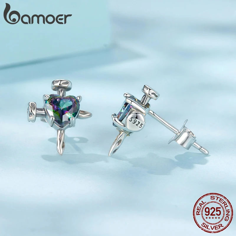 BAMOER 925 Sterling Silver Retro Cross Stud Earrings Transparent Glass Heart Earrings Screws Shape Punk Girl Women Birthday Gift
