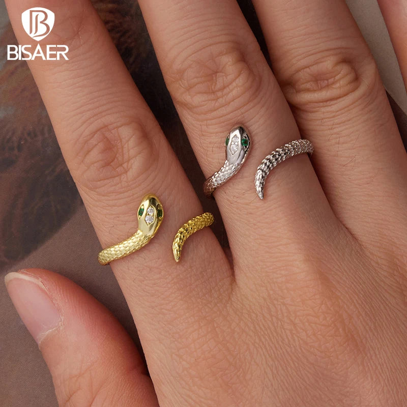 BISAER Solid 925 Sterling Silver Viper Open Ring Snake Green Zircon Eye Eternity Band Plated Gold for Women Party Fine Jewelry