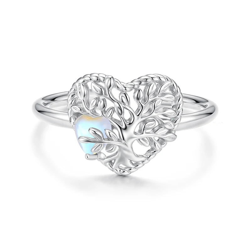 BAMOER 925 Sterling Silber Ring „Baum des Lebens“, offener Ring mit Mondstein und herzförmigem Motiv, originelles Schmuckgeschenk für Familie und Freunde – ein perfektes Geschenk für jeden Tag