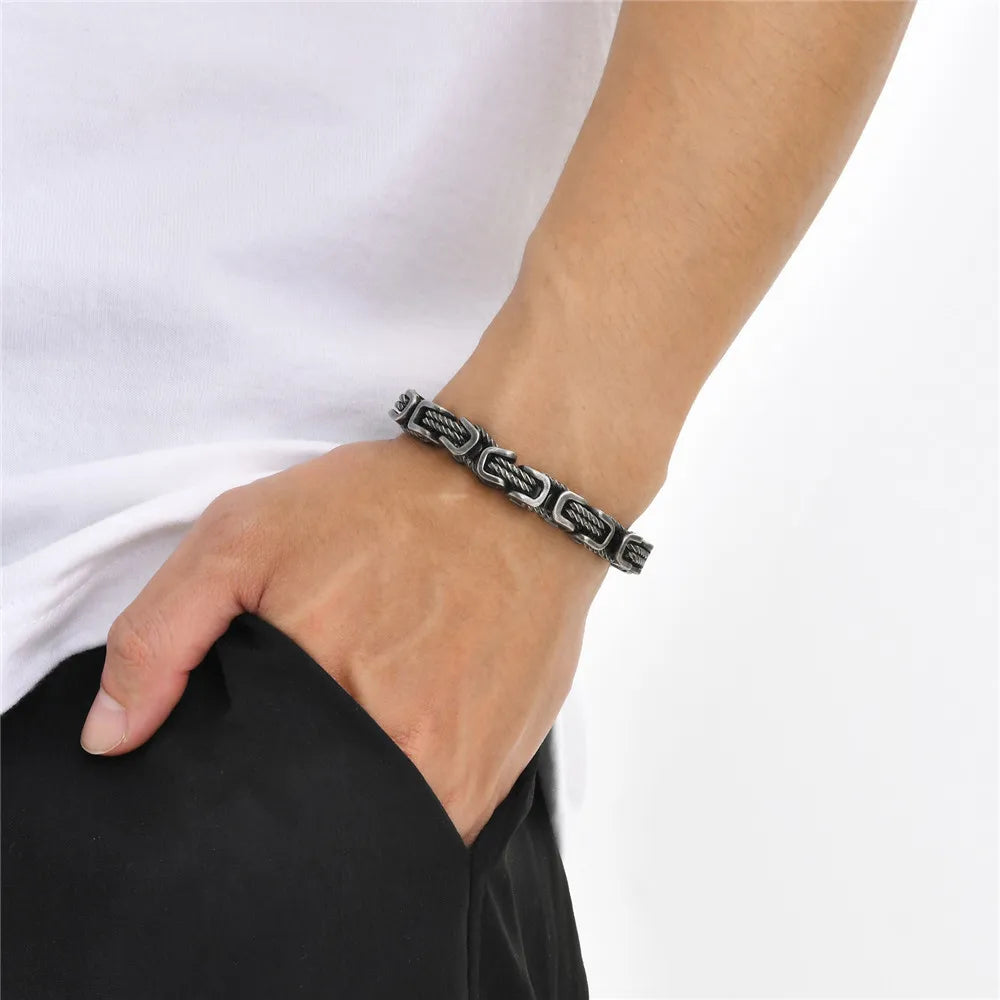 MKENDN Punk Men Chunky Byzantine Bracelets Retro Grey 8mm Stainless Steel Braided Link Wristband Vintage Jewelry Gift for Him - Madeinsea©