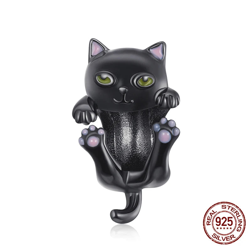 WOSTU 100% 925 Sterling Silver Cute Kitty Black Cat Charms Animal Bead for Women Fit Original DIY Bracelet Necklace Jewelry Gift