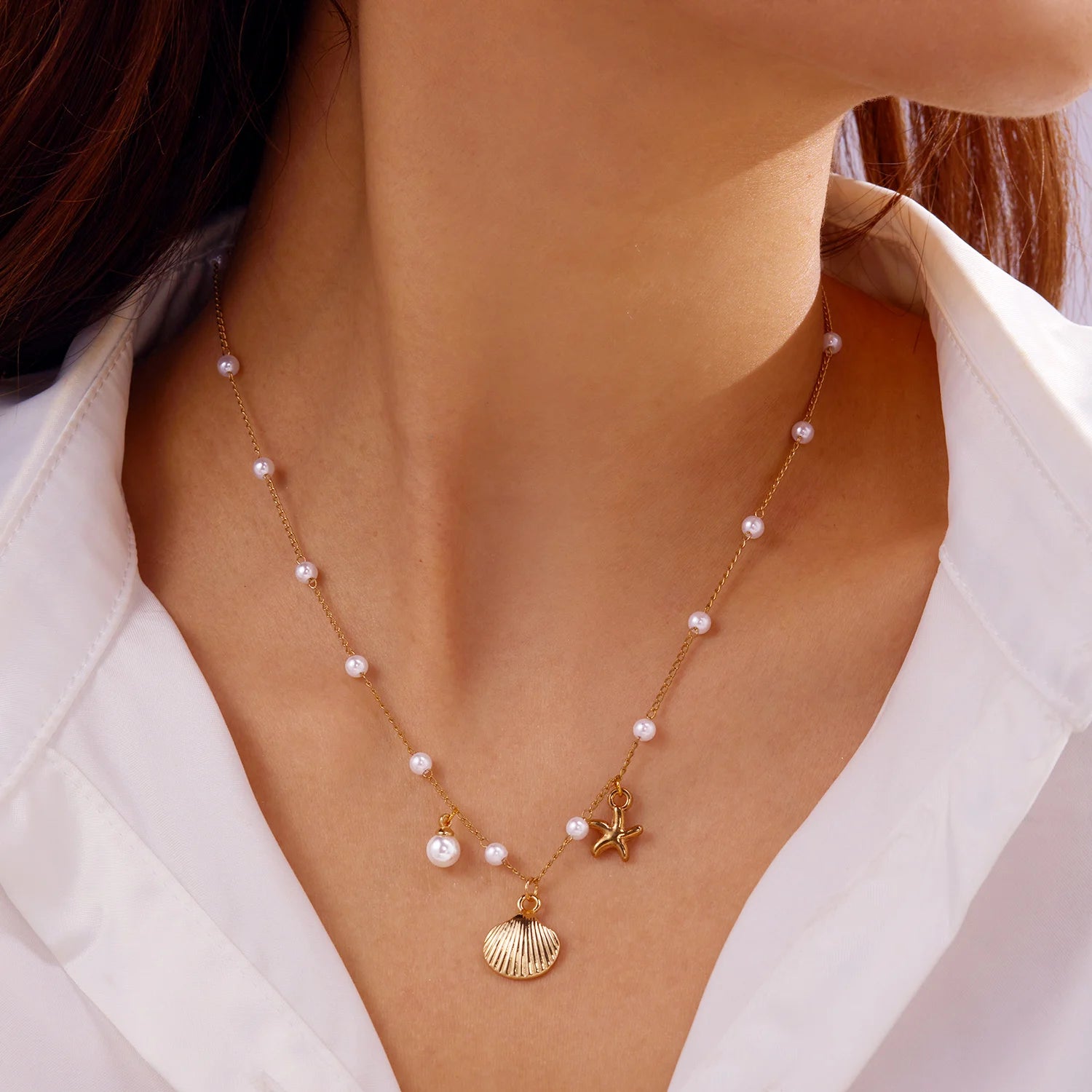 Bohemian Multilayer Starfish Sea Shell Rice Beads Necklace For Women Vintage Fishtail Pearl Conch Clavicle Choker Beach Jewelry