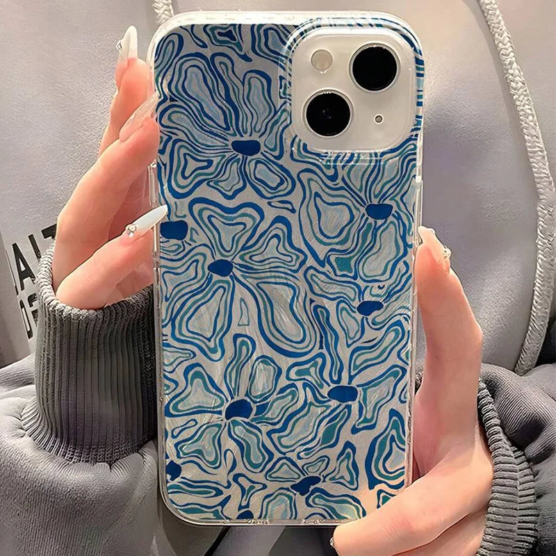 Abstract Blue & Aqua Water Wave Floral Pattern Case for iPhone 17 16 15 Pro Max Air 14 11 13 12 XR 8 7 16 15 Plus X XS SE2 Cover