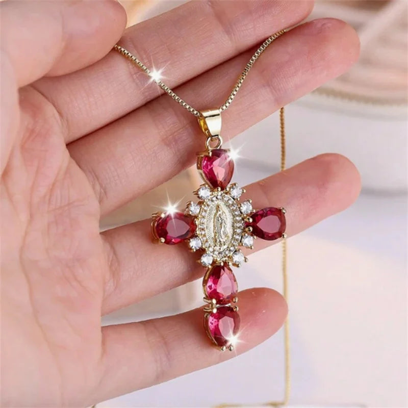 Luxury Crystal Pink Zircon Pendant Necklace For Women Vintage Water Drop Cross Rhinestones Choker Wedding Party Jewelry Gifts