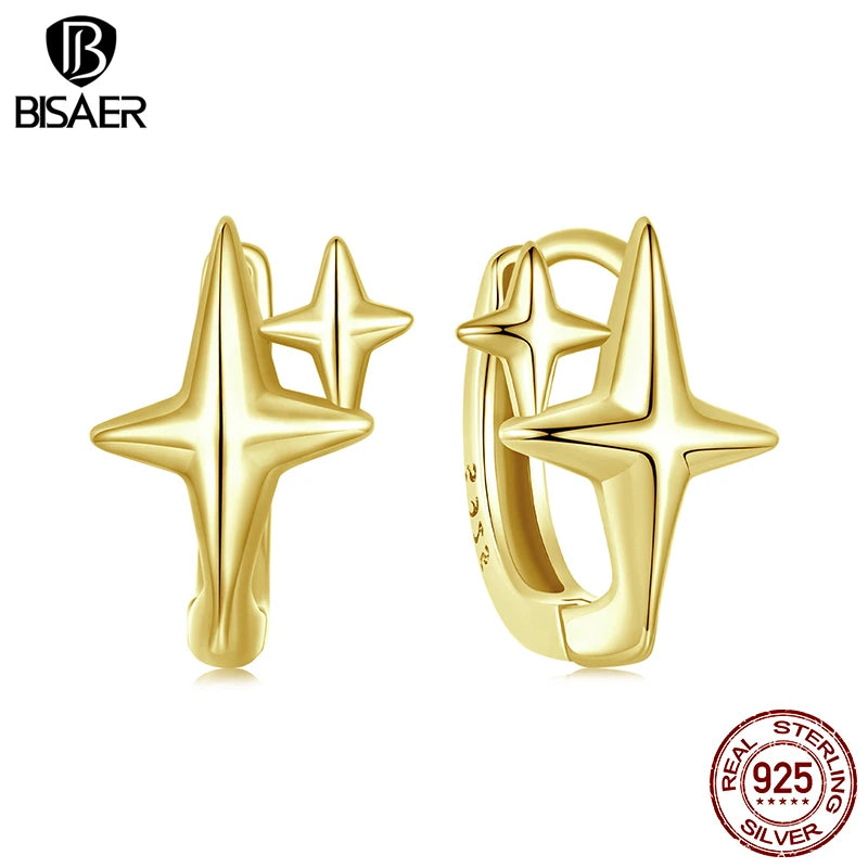 BISAER 925 Sterling Silver Starlight Hoop Earrings Star Huggie Earrings Hoop Plated Gold For Women Party Weeding Fien Jewelry