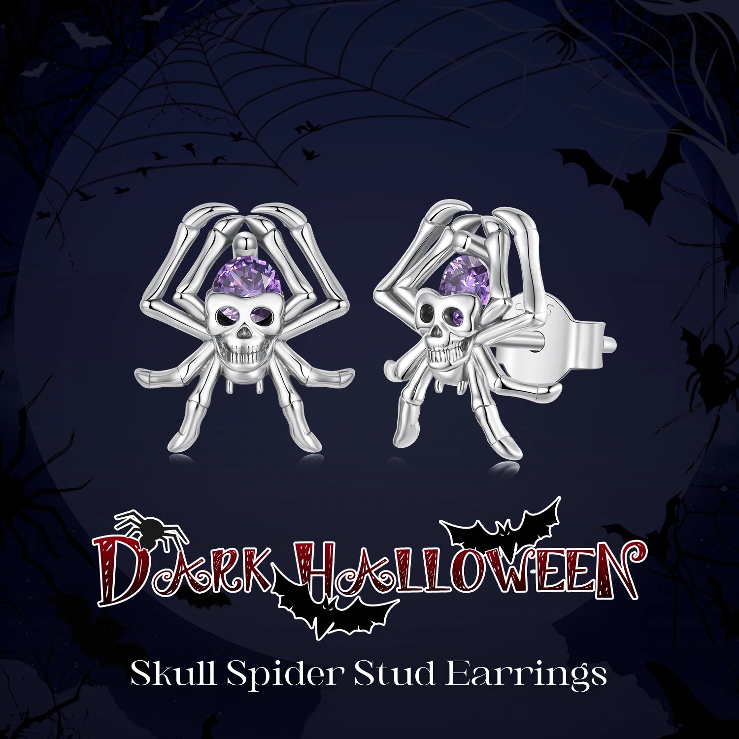 BISAER Skull Spider Stud Earrings 925 Sterling Silver Retro Spider Hypoallergenic Stud Ear for Women Fine Jewelry Halloween Gift