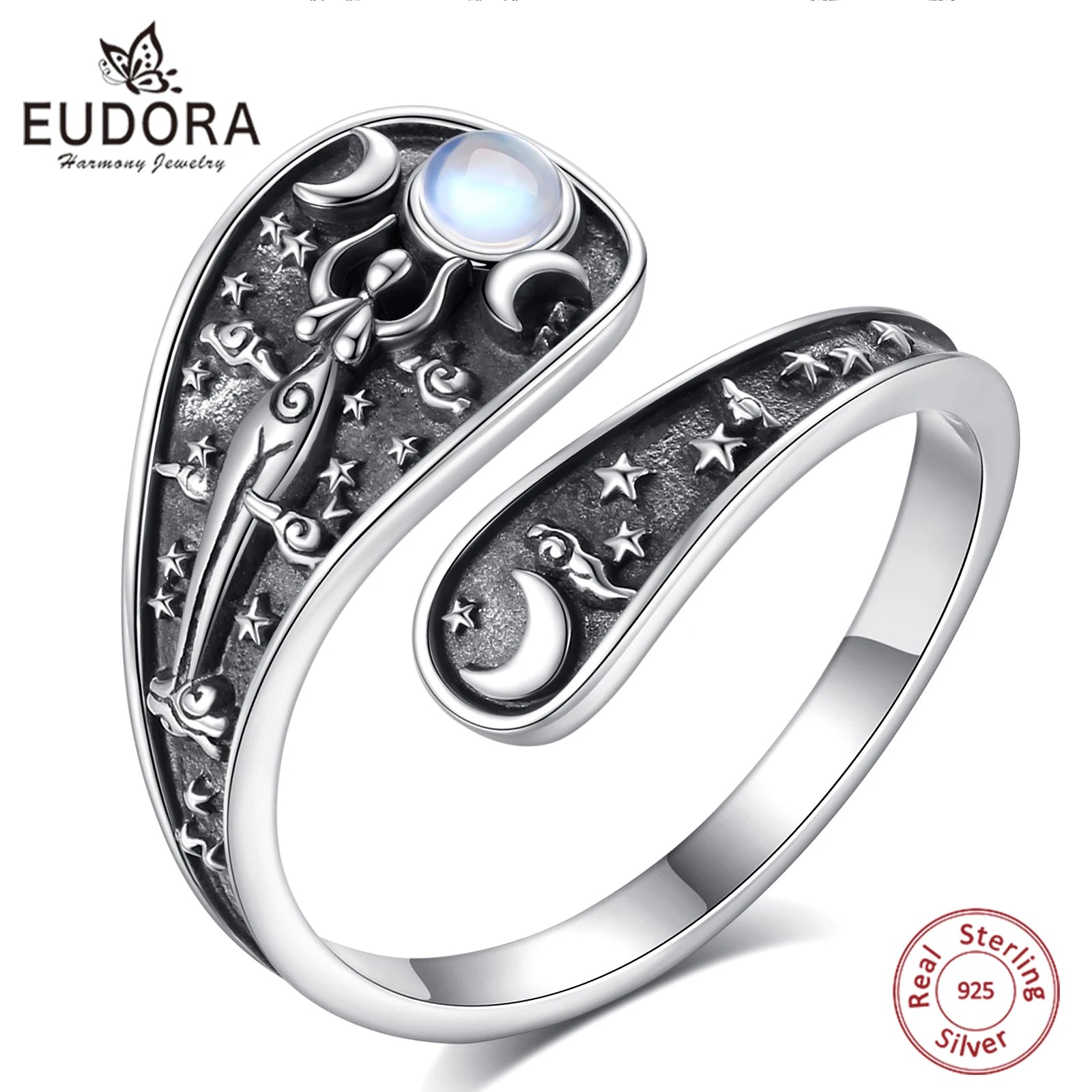 Eudora 925 Sterling Silver Triple Moon Goddes Adjustable Ring Moonstone Hecate Amulet Spoon Ring Vintage Jewelry Gift for Women