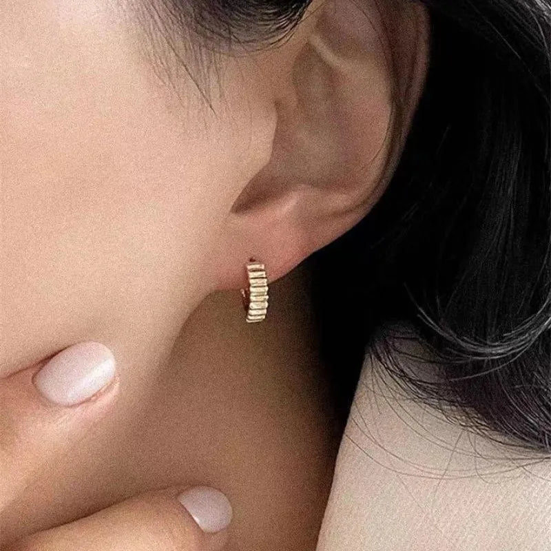 Retro Trendy Ribbed Earrings 925 Sterling Silver Plated 14K Gold Earrings for Women Versatile Jewelry