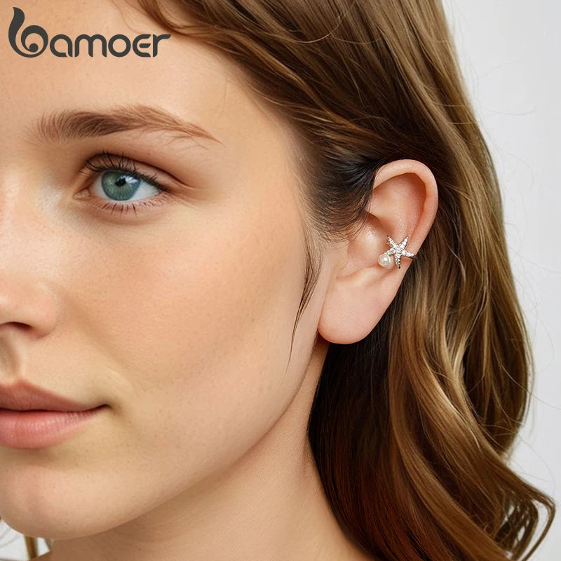 BAMOER Mono 925 Sterling Silver Starfish Ear Cuff for Women Teen Girls Statement Elegant Ear Clip 1PCS