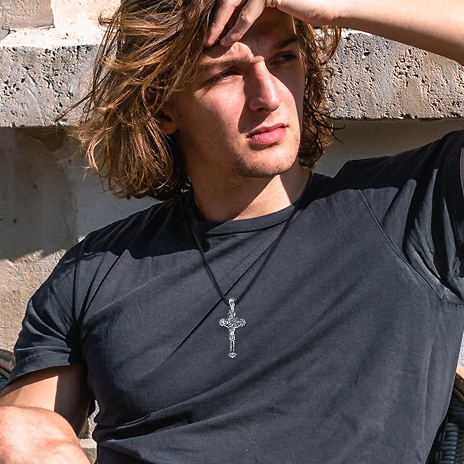 Eudora 925 Sterling Silver Saint Benedict Rings & Necklace San Benedict Crucifix Cross Jewelry Set Religious Gift for Man Women