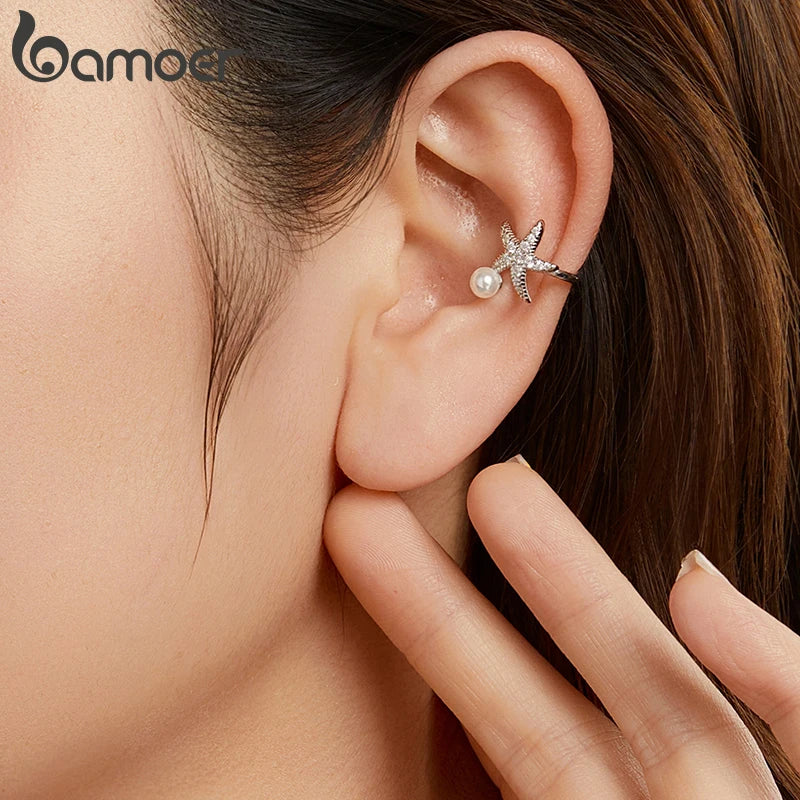 BAMOER Mono 925 Sterling Silver Starfish Ear Cuff for Women Teen Girls Statement Elegant Ear Clip 1PCS