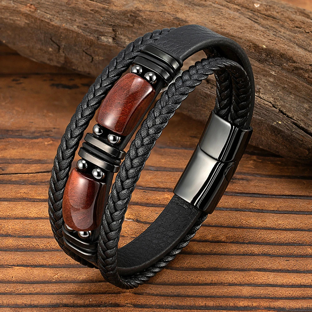 MKENDN Natural Tiger Eye Stone Men Bracelet Handmade MultiLayer Braided Leather Bangles Black Stainless Steel Jewelry