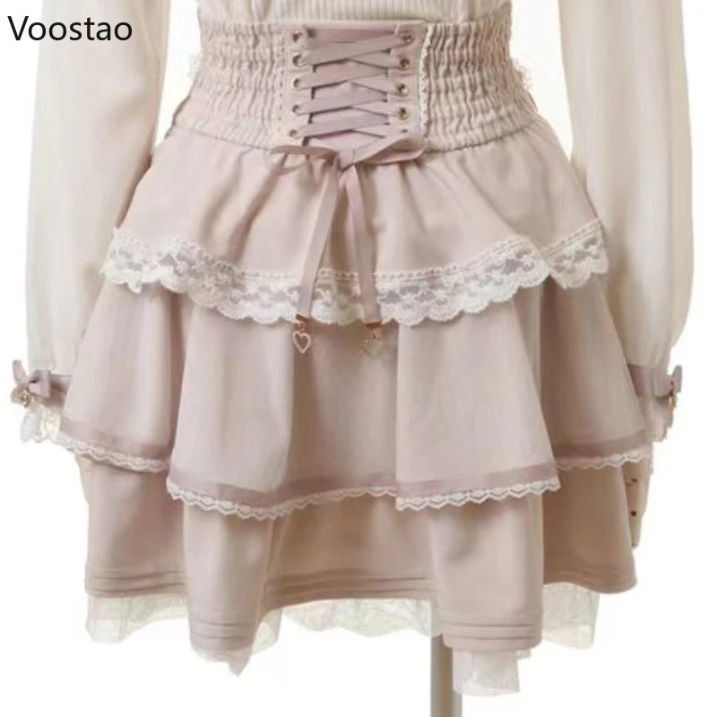 Japanese Sweet Lolita Style Mini Skirt Women Elegant Bow Pearl Chain Party Cake Skirts Female Gothic Y2k Lace Ruffle Short Skirt