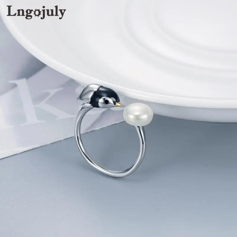 Fine Jewelry 925 Sterling Silver Adjustable Pearl Penguin Ring For Women Girl Anniversary Wedding Party Jewelry Gifts