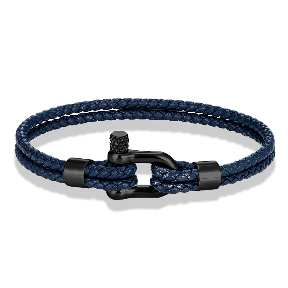MKENDN Gold Plated Stainless Steel Shackle Bracelet Men Women Simple Double Layer Braided Blue Leather Bracelets Handmade Gifts