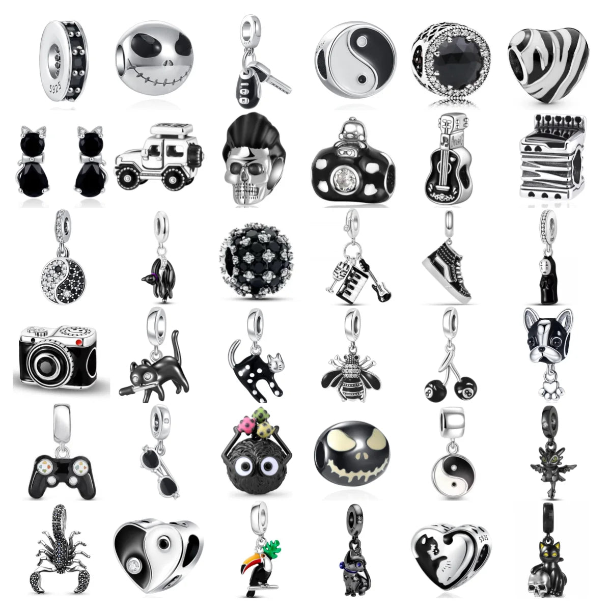 New 925 Silver Black Color Charm Cat Taiji Camera Parrot Guitar Pendant Dangle Bead Fit Original Bracelet Jewellery Gift dragon