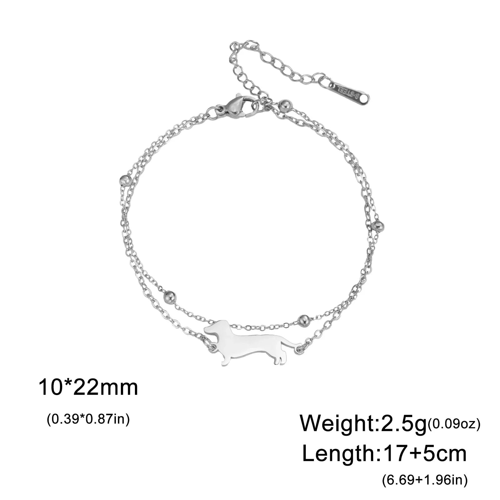 Bracelet à breloques teckel pour femme, en acier inoxydable, double chaîne de perles, adorable bracelet à motif chiot et animal de compagnie, bijou cadeau