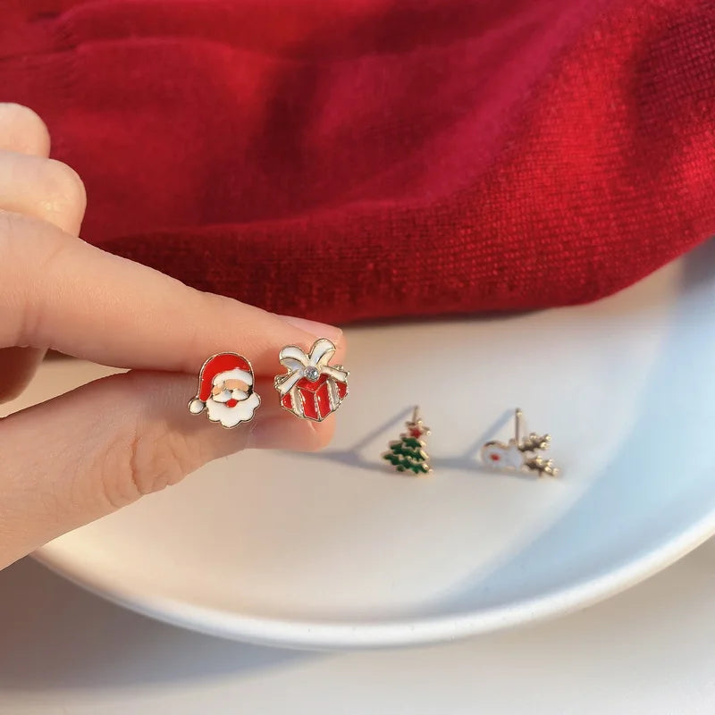 4 Pcs Cute Christmas Small Earrings for Women Trendy Santa Claus Xmas Tree Elk Bell Snowman Stud Earrings Party Daily Jewelry