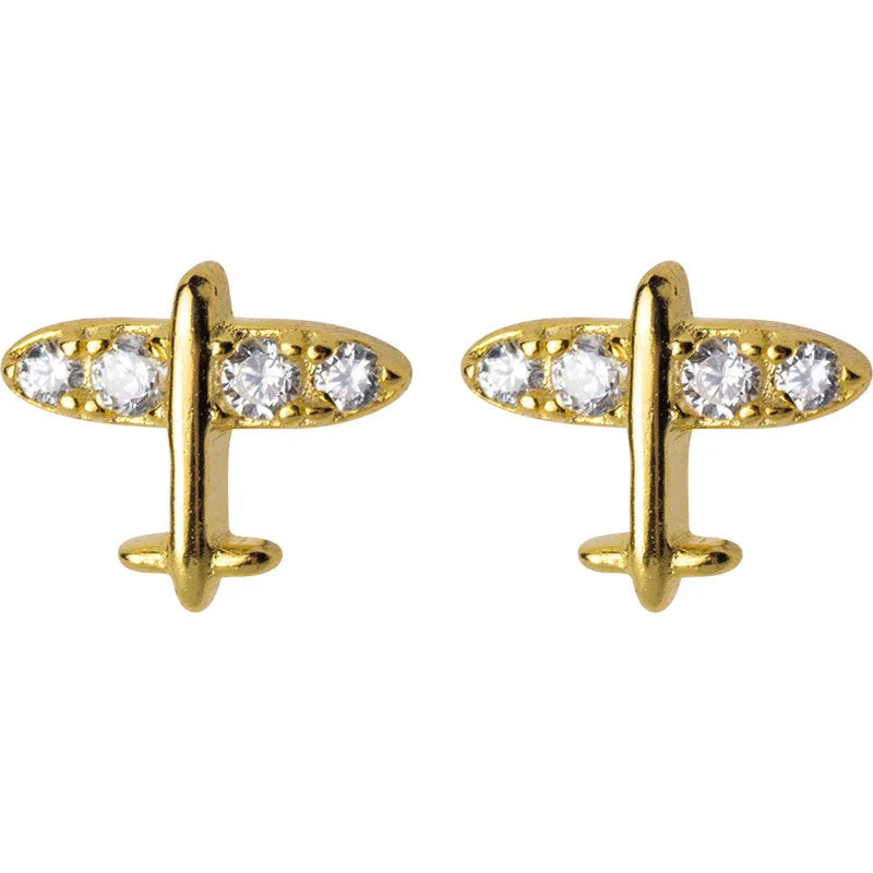 MKENDN 100% 925 Sterling Silver Mini Crystal Airplane Stud Earrings For Women Girl Piercing Ins Cute Minimalist Earring