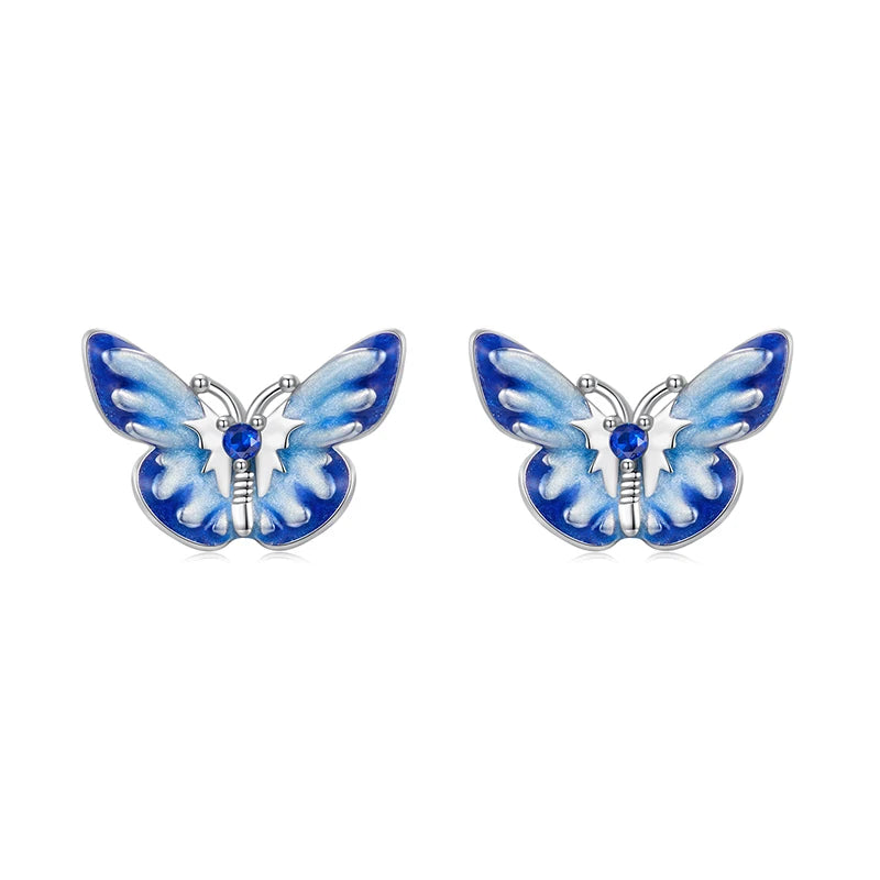 WOSTU 925 Sterling Silver Blue Butterfly Stud Earrings Open Ring For Women Wedding Engagement Fine Jewelry Set Girl Party Gift