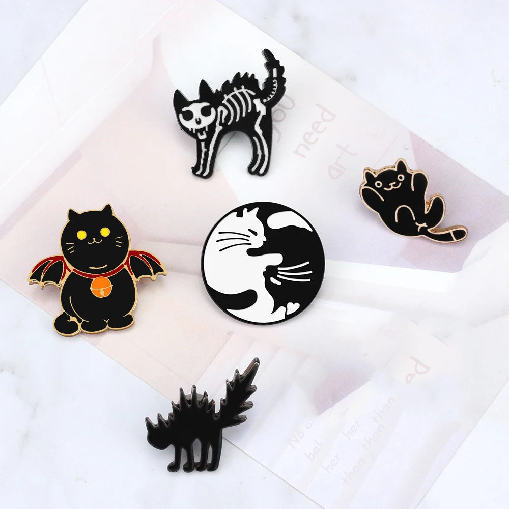 Cat Lover Collection Brooches Cute White Black Cat Badges Pins Sleepy Hug Kitty Enamel Pins Coat Hat Animal Decoration Jewelry