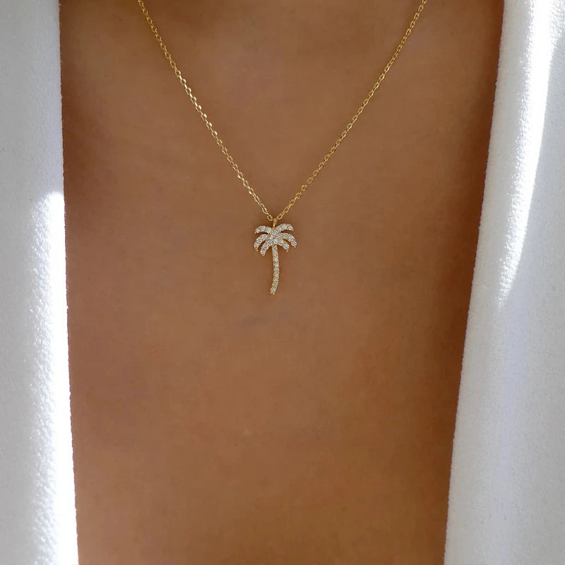 New Coconut Palm Tree Necklace For Women Exquisite Crystal Zircon Metal Clavicle Chain Choker Summer Beach Ocean Sandy Jewelry - Madeinsea©