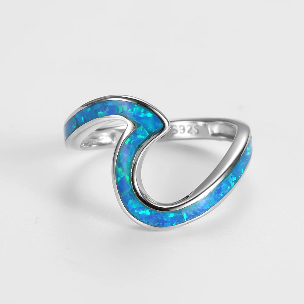 925 Sterling Silver Blue Opal Ocean Wave Ring