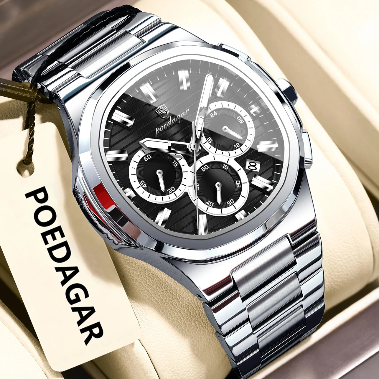 POEDAGAR Business Man Wristwatch Date Chronograph Waterproof Luminous Luxury Men Watch Stainless Steel Quartz Men's Watches Male - Madeinsea©