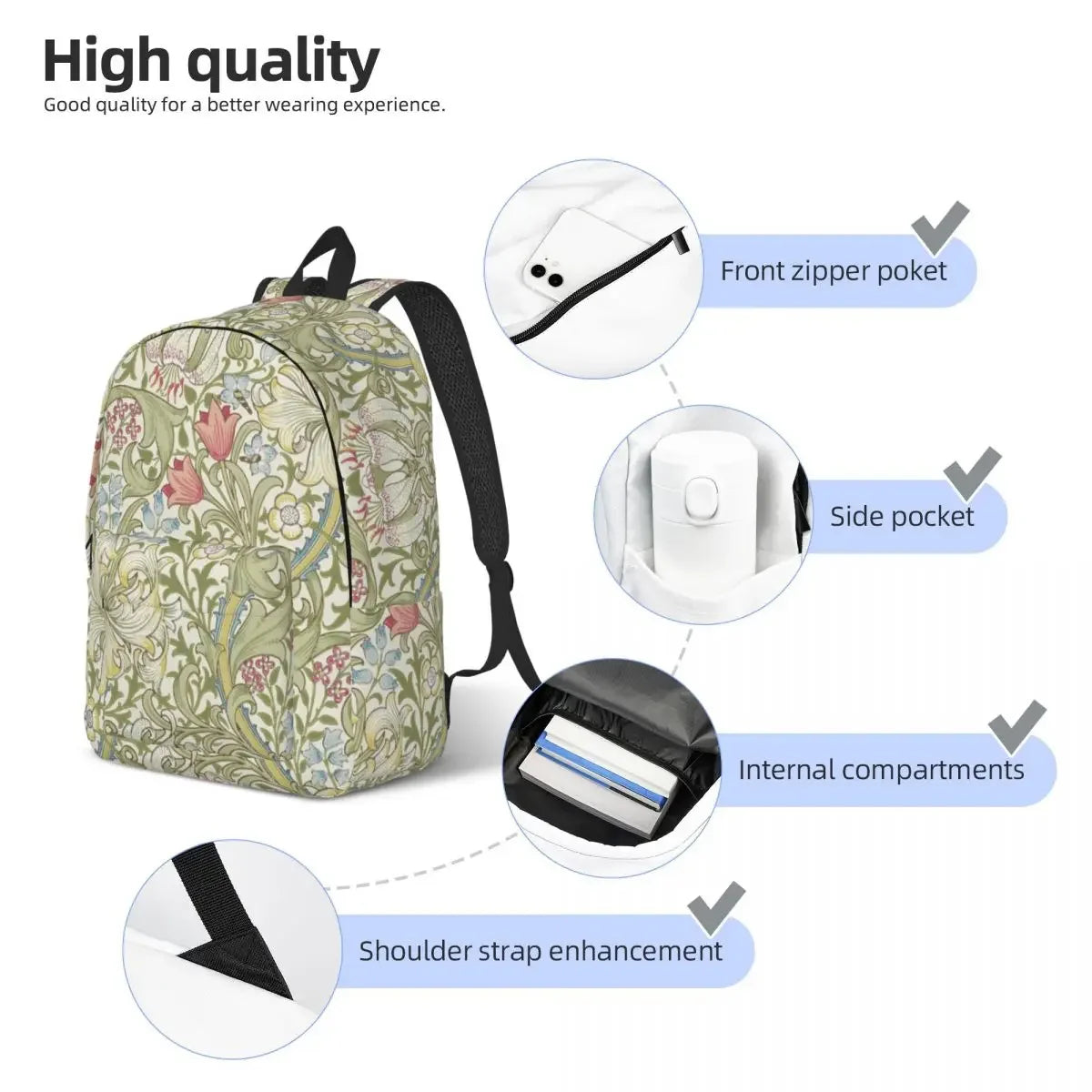 William Morris Art Canvas Backpacks for Women College School Students Bookbag Fits 15 Inch Laptop Floral Textile Pattern Bags