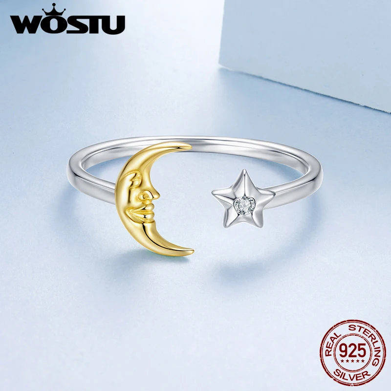 WOSTU 925 Sterling Silver Star Open Ring Moon Starlight Planet Original for Women Wife Anniversary Birthday Fine Jewelry Gift