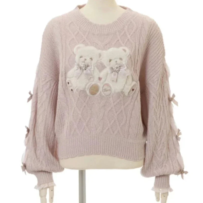 Sweet Lolita Cartoon Plush Bear Bunny Knitted Pullovers Women Harajuku Bow Pearl Ribbon Sweaters Japanese Girls Knitwear Tops - Madeinsea©