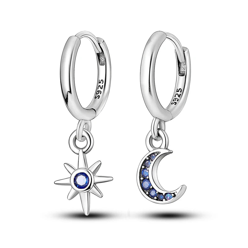 Classic Earrings 925 Silver Zircon Shiny Stars Moon Warm Sun Double Hoop Earrings For Women Original Birthday Party Jewelry Gift