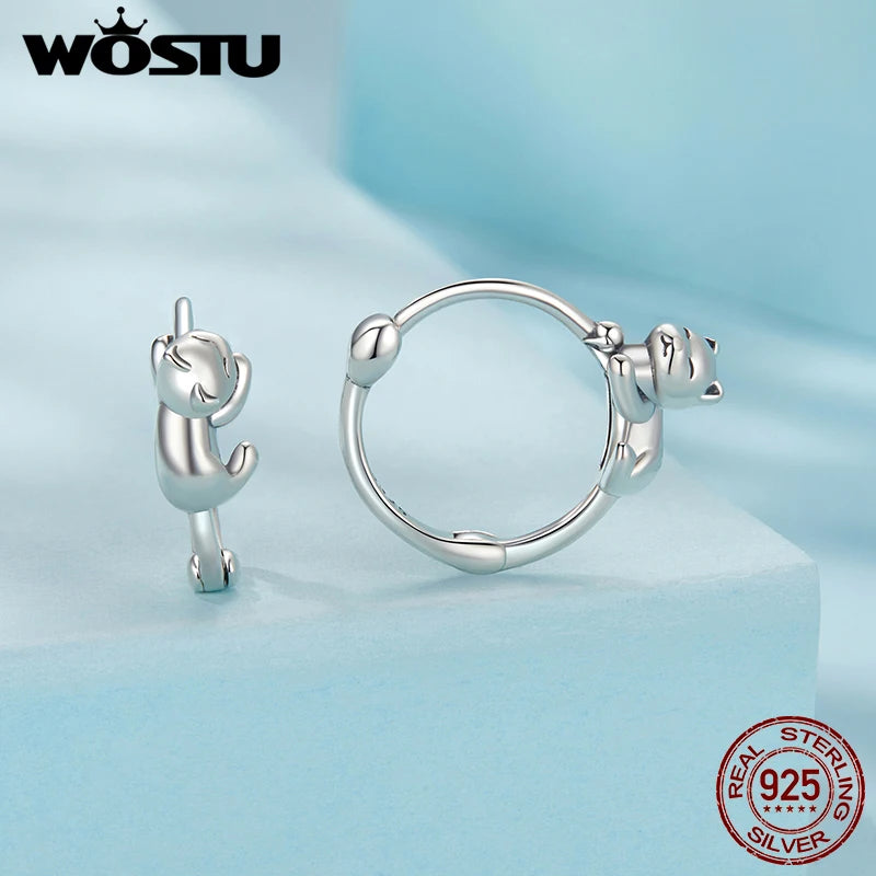 WOSTU Solid 925 Sterling Silver Cat Hoop Earrings For Women Lovely Pet Animal Ear Hoops Birthday Gift For Girl Daughter
