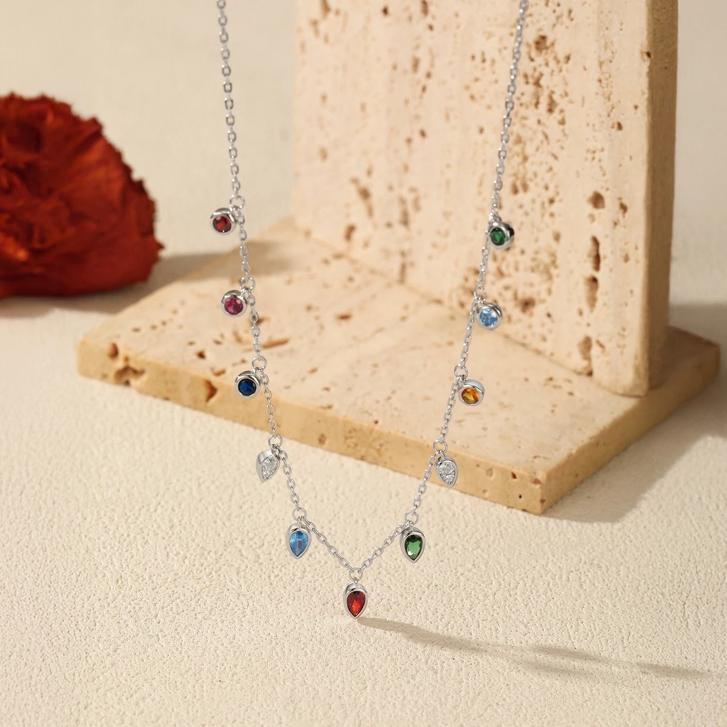 MODIAN 925 Sterling Silver Colorful Round CZ Charm Stackable Choker Necklace Water Drop Pendant Necklace For Women Fine Jewelry