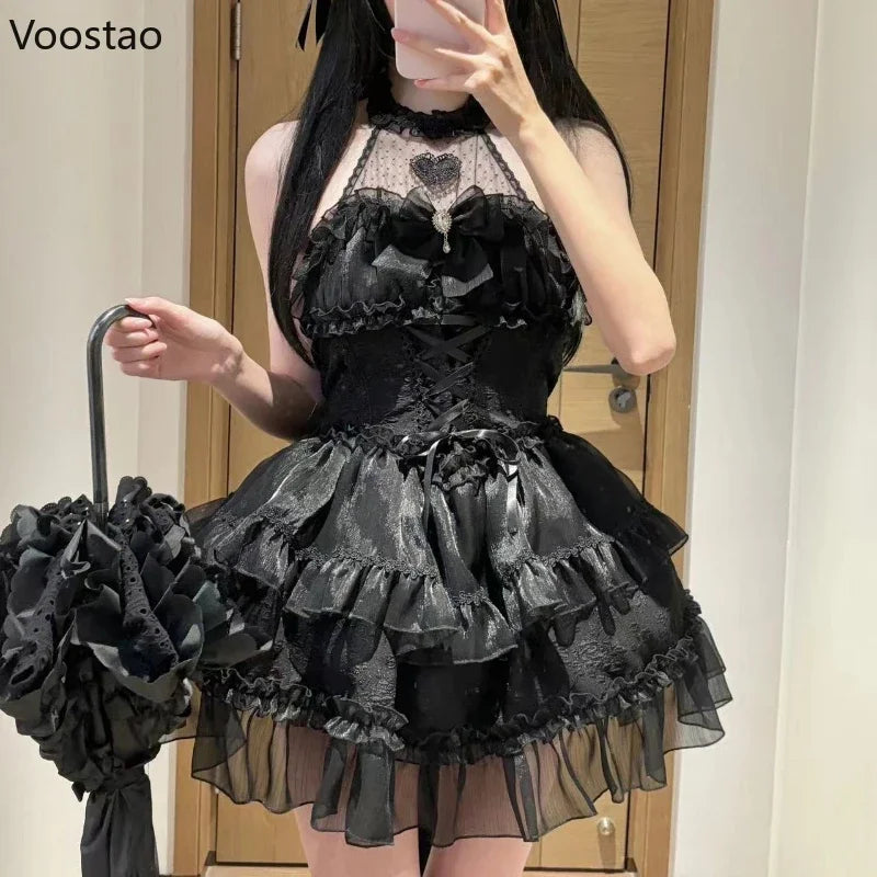 Japanese Gothic Lolita Princess Dress Women Kawaii Lace Ruffles Bow Bandage Slim Party Dresses Girls Y2k Elegant Cute Mini Dress