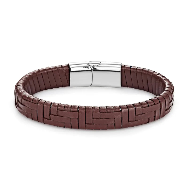 MKENDN Punk Men Multilayer Braid Genuine Leather Bracelet Titanium Stainless Steel Magnetic Buckle Bracelet Homme Pulseras