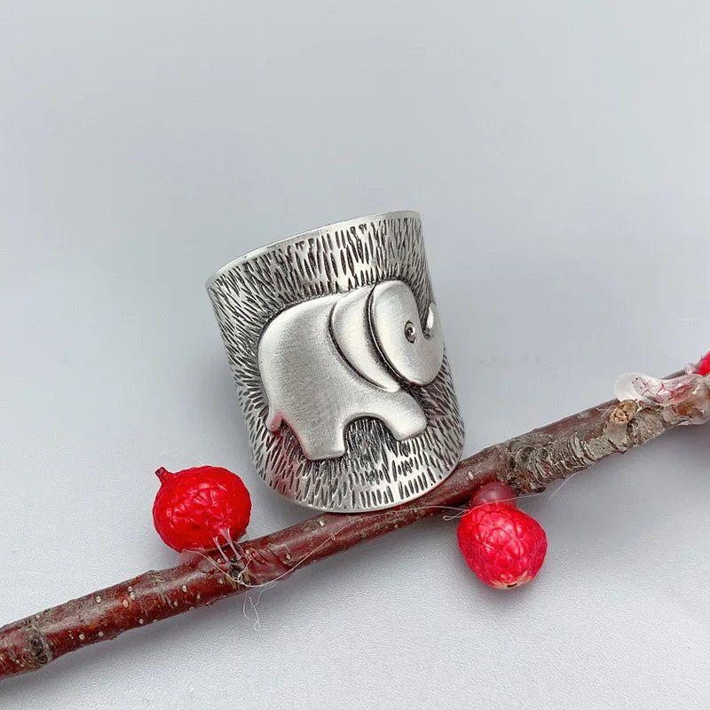 Retro Elephant Wide Ring For Women Men Silver Color Vintage Ethnic Style Open Ring Punk Gothic Accessories Designer Jewelry Gift